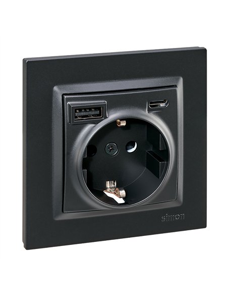 Base enchufe schuko + usb a + c 10,5 w 16 a 250 v~, simon 10, negro