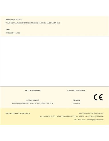 Vela corta para portalamparas e14 crema solera 853