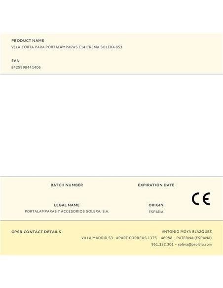 Vela corta para portalamparas e14 crema solera 853