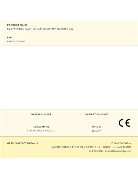 Sujetacables de plástico, cilíndrico en v, blanco, 5 uds