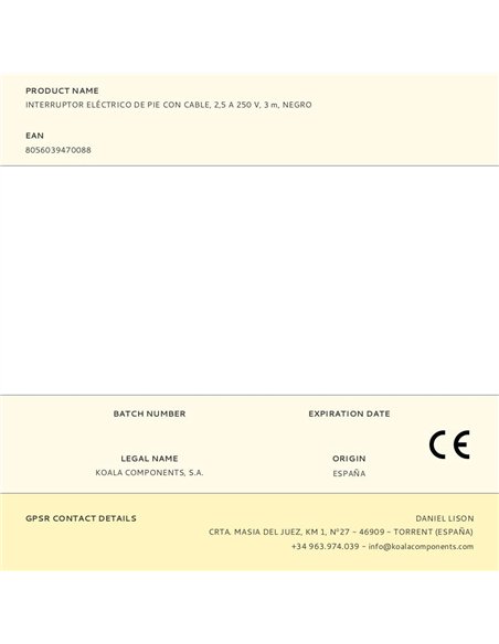 Interruptor eléctrico de pie con cable, 2,5 a 250 v, 3 m, negro