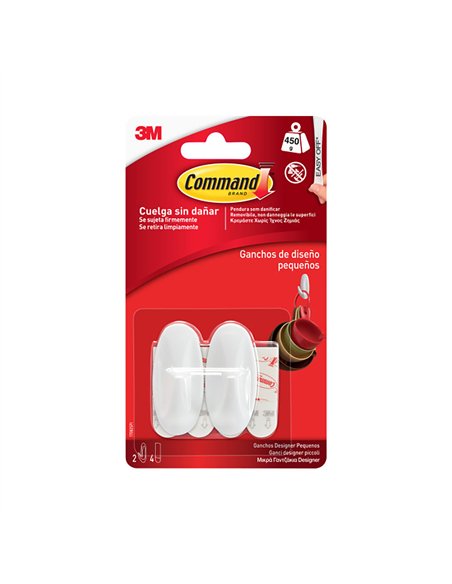 Gancho de diseño pequeño, blanco, 2 uds + 4 tiras, max 450 gr