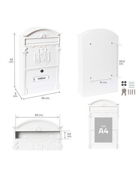 Buzón individual exterior mediano, residencia, aluminio, blanco, 26 x 9 x 42 cm