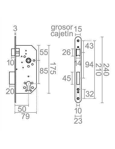 Cerradura embutir c/r cre06 50/85 mm negra