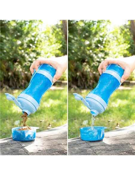 Botella con depósito de agua y comida para mascotas 2 en 1