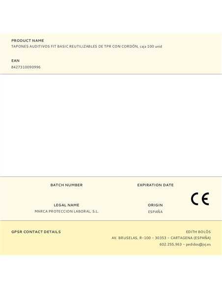 Tapones auditivos fit basic reutilizables de tpr con cordón, caja 100 uds