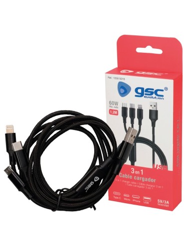 Cable cargador 3 en 1 (USB Tipo C, conector Lightning y micro USB) nylon trenzado 1,2M 