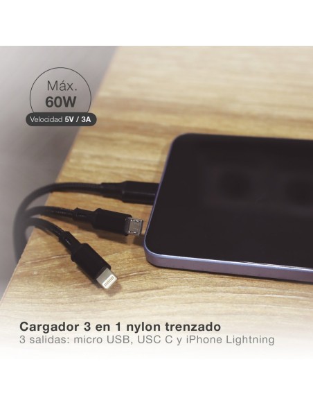 Cable cargador 3 en 1 (USB Tipo C, conector Lightning y micro USB) nylon trenzado 1,2M 
