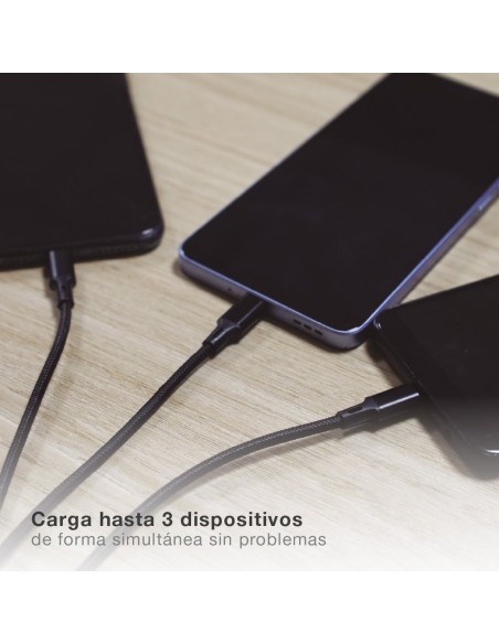 Cable cargador 3 en 1 (USB Tipo C, conector Lightning y micro USB) nylon trenzado 1,2M 