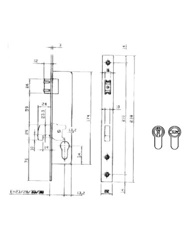 Cerradura Iseo 741640-28 mm. frente Cromo Con Rodillo