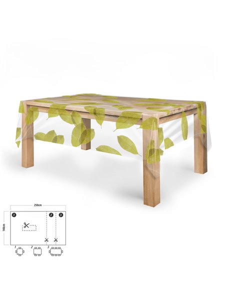 Mantel Hule Rectangular Hojas Transparente Impermeable Antimanchas PVC 140x250 cm.  Recortable Uso Interior y Exterior