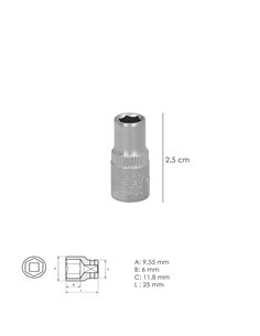 Llave Vaso 1/4" Hexagonal 6 mm. Perfil de 6 caras. Acero Cromo Vanadio, Aristas Redondas 2