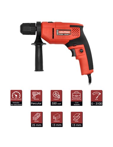 Taladro Percutor 550 Watt 13 mm. Con Variador de Velocidad. Incluye Empuñadura y Guia Metalica.
