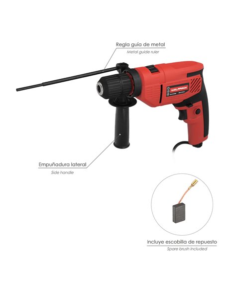 Taladro Percutor 550 Watt 13 mm. Con Variador de Velocidad. Incluye Empuñadura y Guia Metalica.
