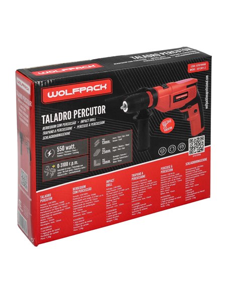 Taladro Percutor 550 Watt 13 mm. Con Variador de Velocidad. Incluye Empuñadura y Guia Metalica.