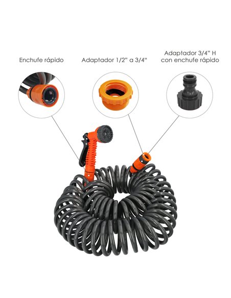 Manguera  Extensible Autoenroscable Espiral 15 Metros Con Pistola y Conectores