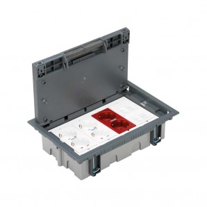 Kit caja de suelo sai simon 500 cima 4 módulos con 2 bases doble schuko embornado por corte-rápido con led, 1 base doble schuko