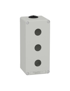 Empty gray Schneider box with 3 holes, made of durable material and compact dimensions.