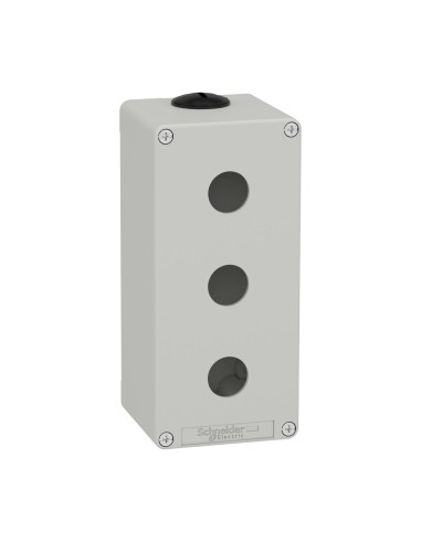 Empty gray Schneider box with 3 holes, made of durable material and compact dimensions.