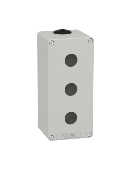Empty gray Schneider box with 3 holes, made of durable material and compact dimensions.