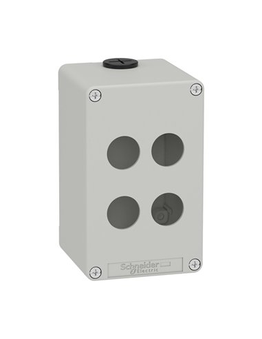 Caixa vazia cinza da SCHNEIDER com 4 furos, feita de material resistente e com design compacto.