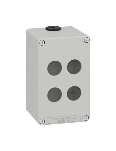 Caixa vazia cinza da SCHNEIDER com 4 furos, feita de material resistente e com design compacto.