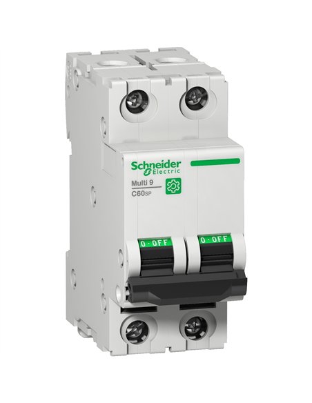 Interruttore SCHNEIDER C60N a 2 poli, 1A, protezione UL1077, compatto ed efficiente.