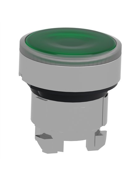Cabeza pulsante RASANTE TRANSPARENTE verde + IP65 + material resistente y duradero.