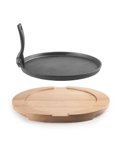 Gusseisenplatte ø26 cm mit Buchenholzunterlage 34 x 30 x 2,5 cm