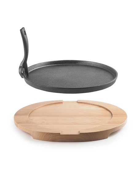Plato de hierro fundido ø26 cm con base de madera de haya 34 x 30 x 2,5 cm