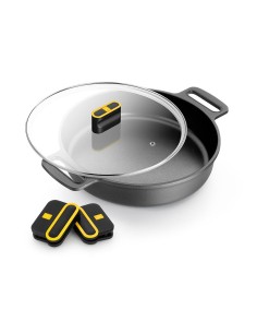 Niedriger Aluminiumguss-Topf gelb mit Glasdeckel 24 cm 2