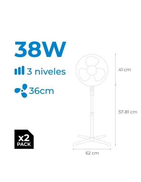 Standventilator 38 W, weiß, 40 cm, Packung mit 2 Einheiten