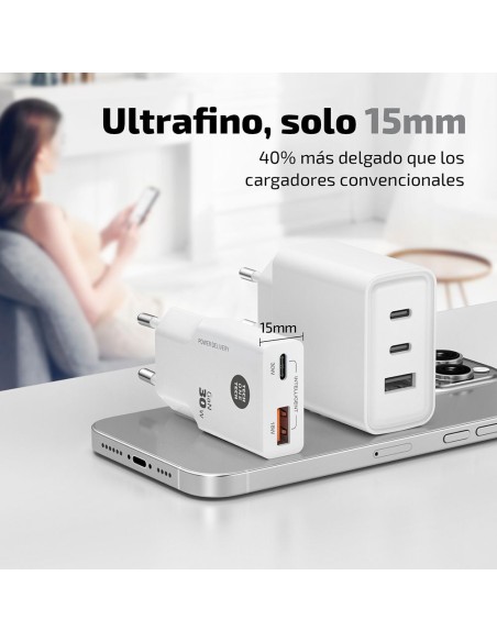 Caricatore rapido GAN 30W, bianco, USB-C + USB-A