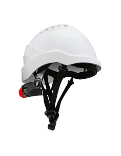 Curved white safety helmet with chin strap, size 54-61 cm