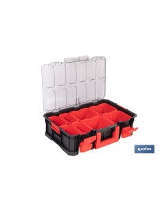 Caixa de ferramentas modular com organizadores e tampa resistente