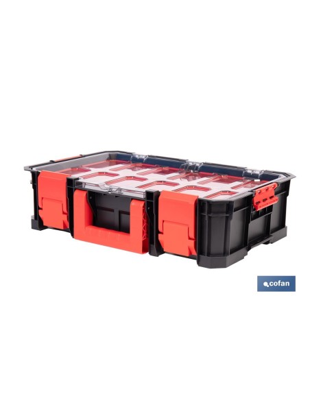 Modular toolbox with organizers and impact-resistant lid