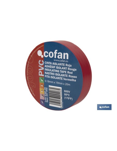Pack de 10 unités de ruban isolant 180 microns rouge 19mm x 20 mètres