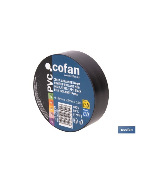 Pack of 8 units black insulating tape 180 microns 25 mm x 25 m