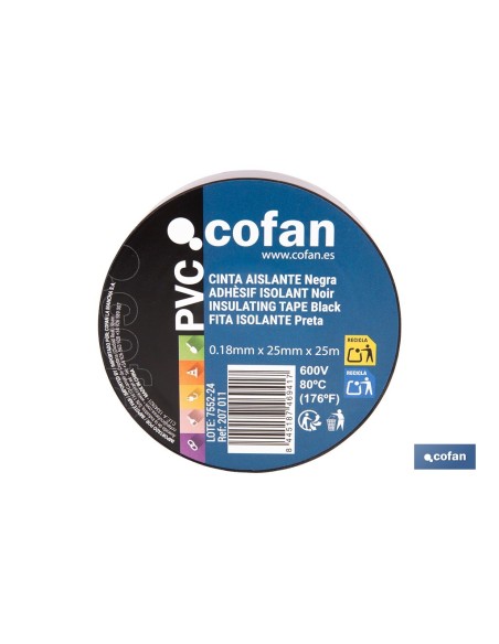 Pack of 8 units black insulating tape 180 microns 25 mm x 25 m