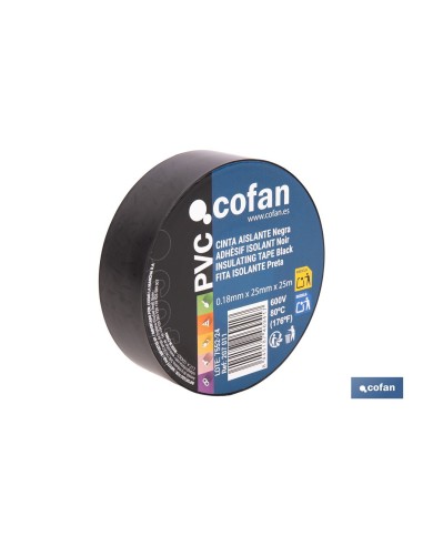 Pack of 8 units black insulating tape 180 microns 25 mm x 25 m