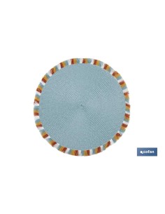 Pack mit 6 runden blauen Tischuntersetzern 38 cm mit Fransenrand