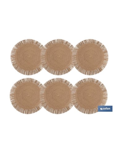 Pacote com 6 sousplats redondos franjas cor natural 38 cm