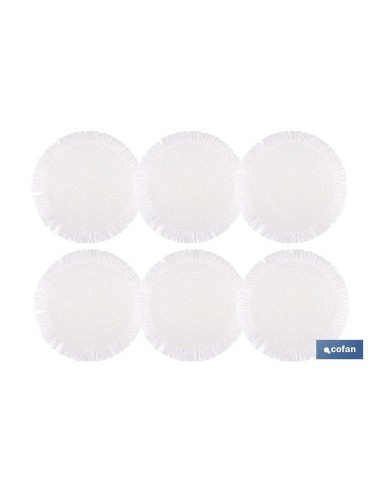 Pacote com 6 unidades de souspratos redondos com franjas brancas 38 cm