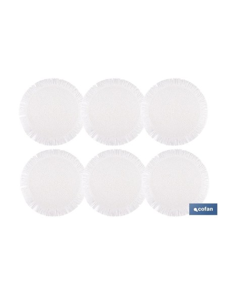 Pacote com 6 unidades de souspratos redondos com franjas brancas 38 cm