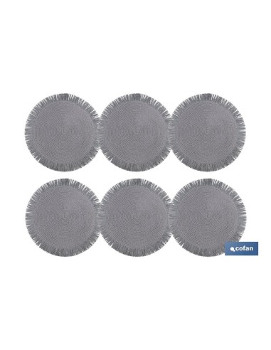 Pack 6 bajoplatos redondos flecos gris 38 cm