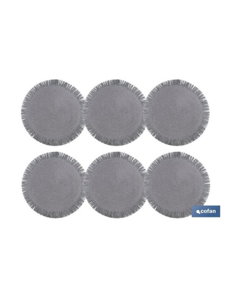 Pack 6 bajoplatos redondos flecos gris 38 cm