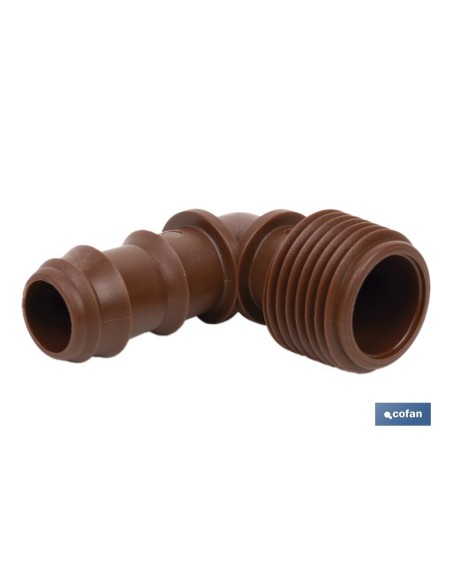 Pack 100 unidades conector en codo R. Macho Ø16mm-1/2 marrón
