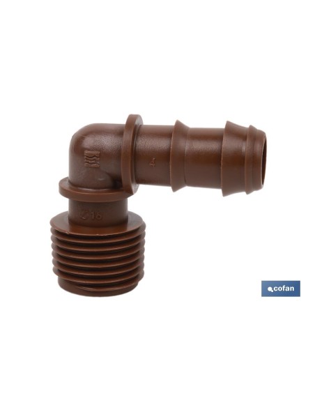 Pack 100 unidades conector en codo R. Macho Ø16mm-1/2 marrón