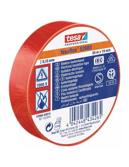 Ruban isolant PVC homologué rouge 20m x 19mm
