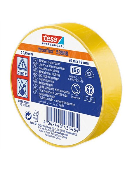 Certified PVC Insulating Tape Yellow 20m x 19mm